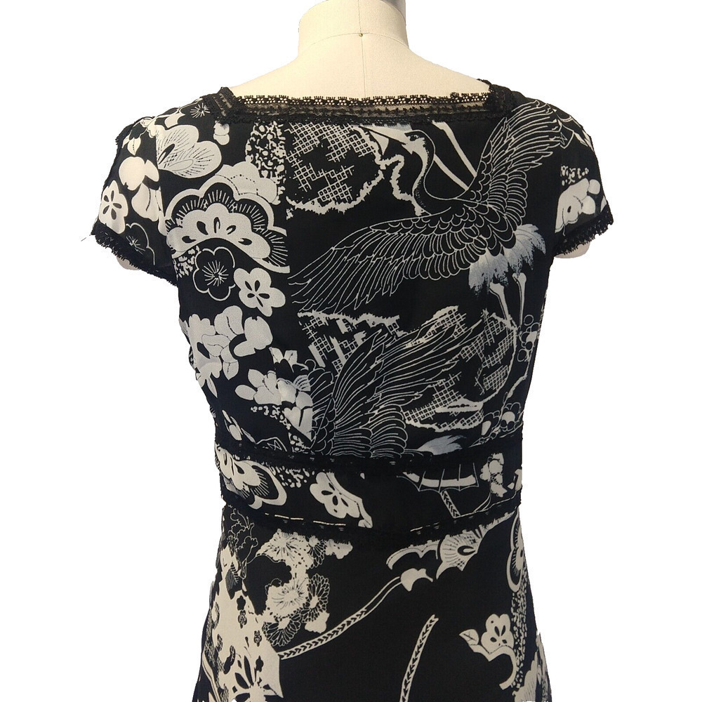 Vintage 2000s Black Midi Dress Size 10P Black Asian Print Beyer Y2K Bias Slip - Picture 6 of 10